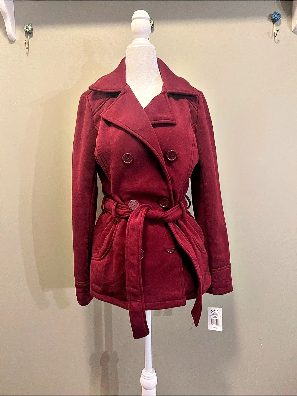 NWT J2 Jou Jou Oxblood Double Breasted Belted Fleece Coat M